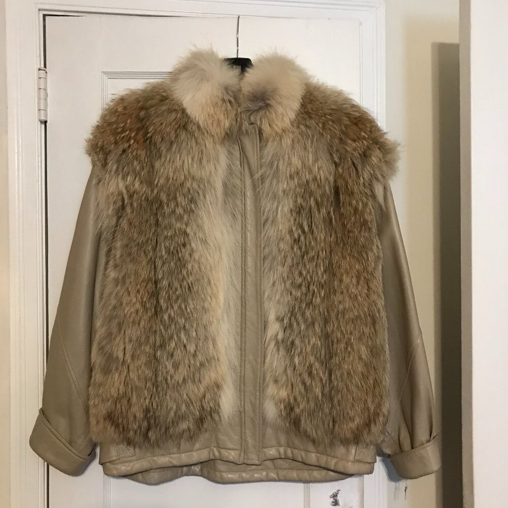 Beige Leather/Fur Coat with Detachable Sleeves